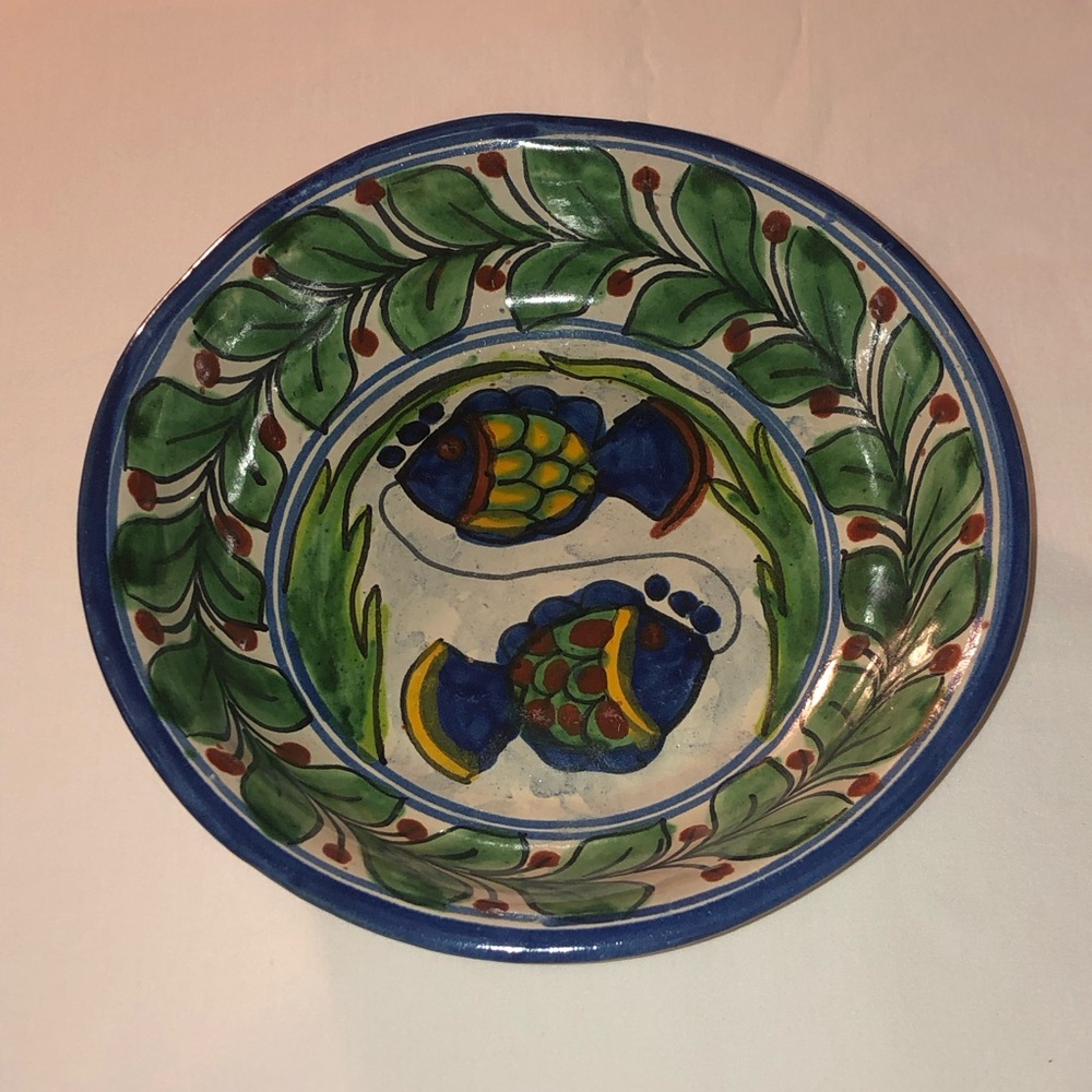 Handcrafted Ceramic Bowl with Blue and Green Fish Design